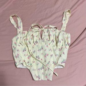 Yellow & Pink Floral Printed Cropped Boned Corset Top